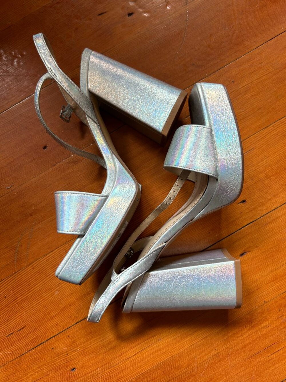 Open Edit Noella Holographic Silver Ankle Strap Platform Sandal S7